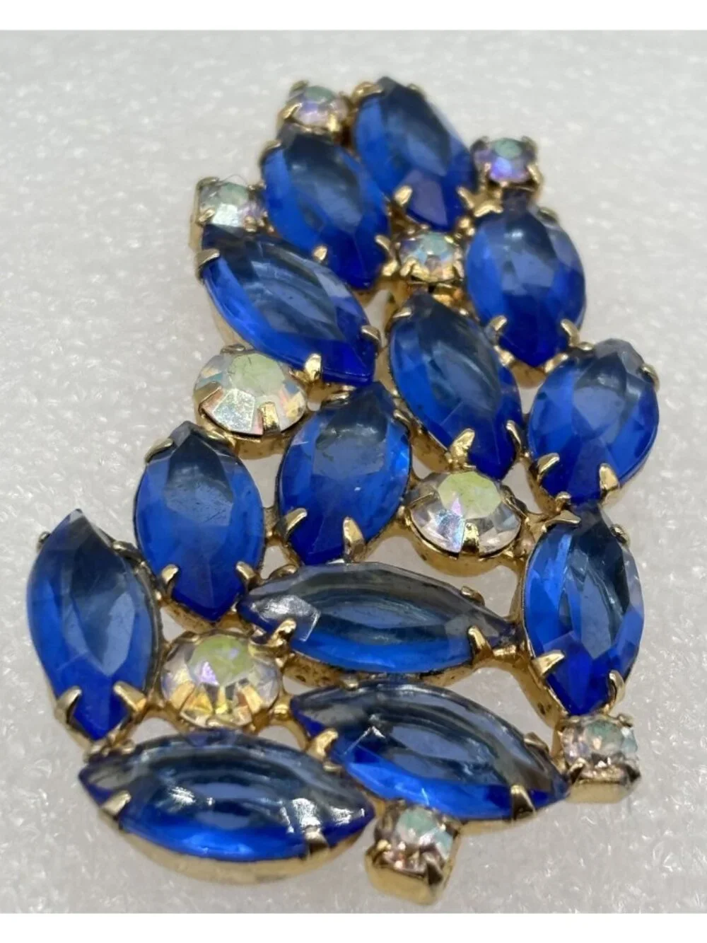 Vintage Blue Navette and Clear Prong-Set Rhinestone Brooch Open Back, Not Signed